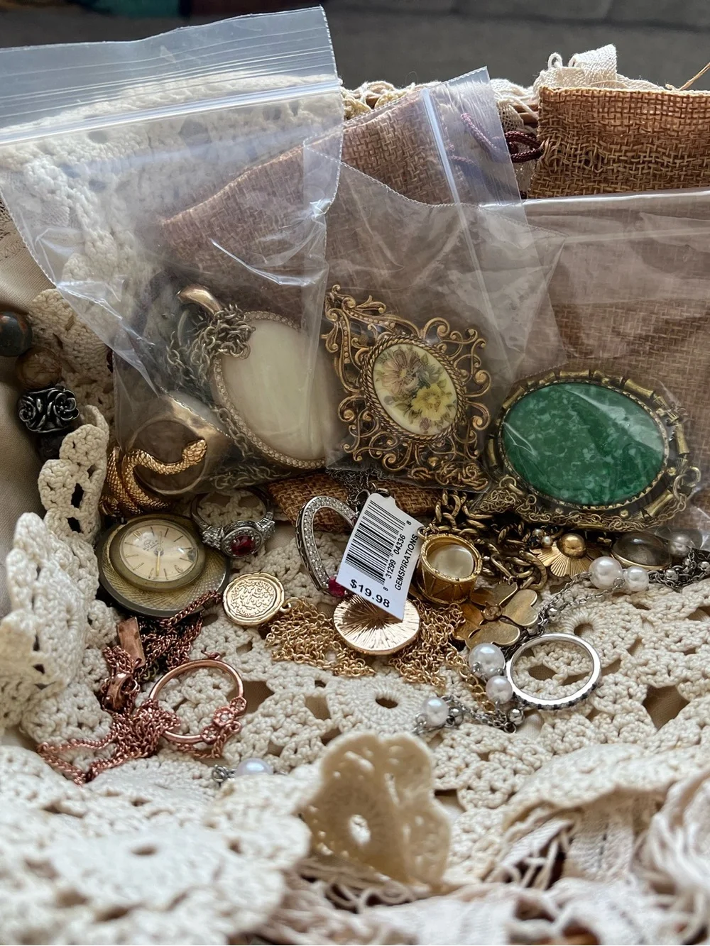 Vintage-Inspired Mixed Metal Jewelry Lot in Gold, Cream & Green.